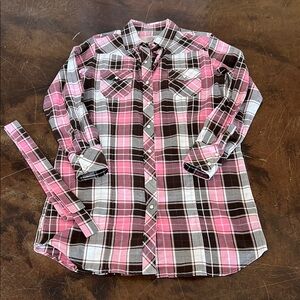 Women’s pink plaid western pearl snap long sleeve dress size Medium
